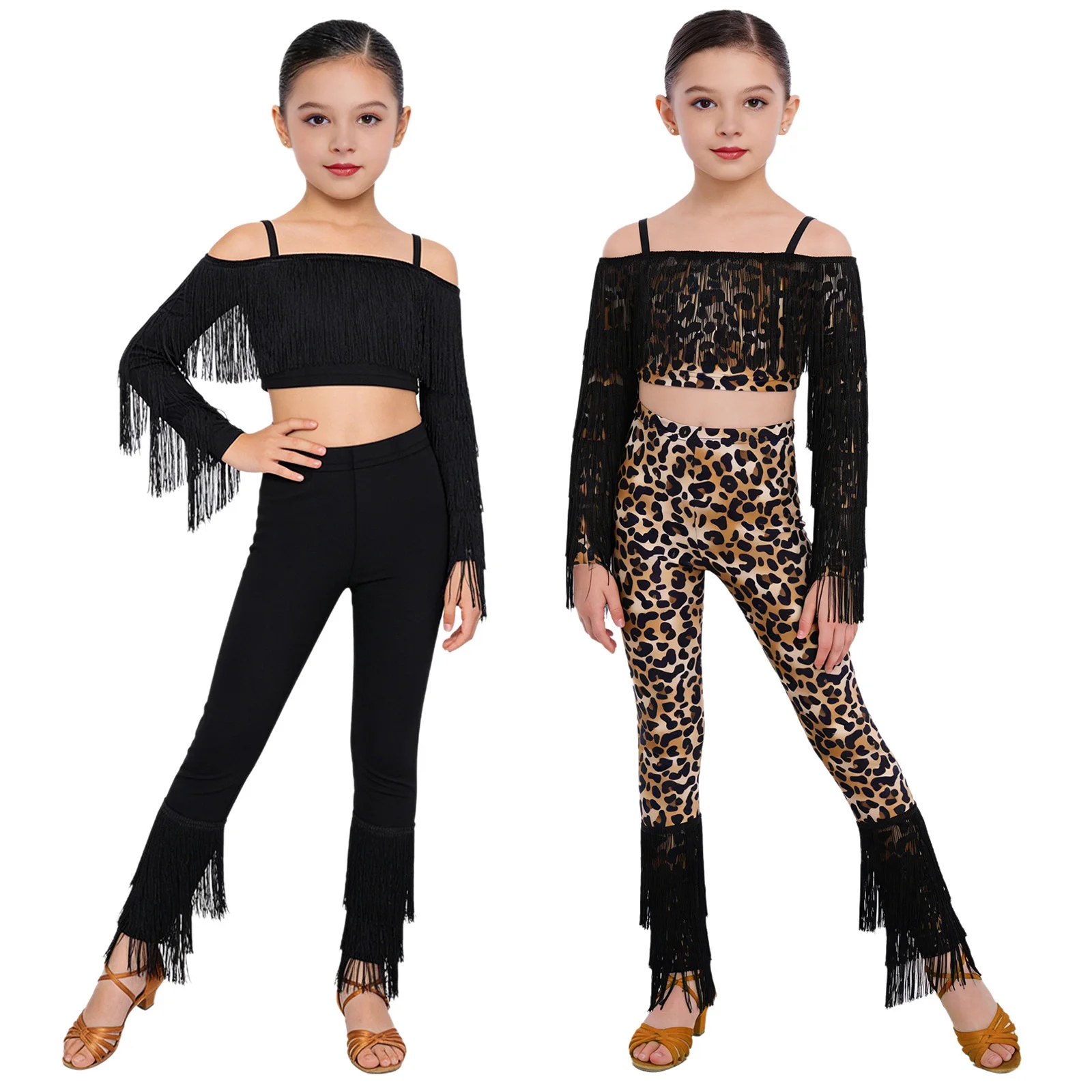 Black Leopard Latin Dance Competition Clothes Set For Girls Latin Fringed Sleeves Top Pants Kids Chacha Ballroom Dance Costume