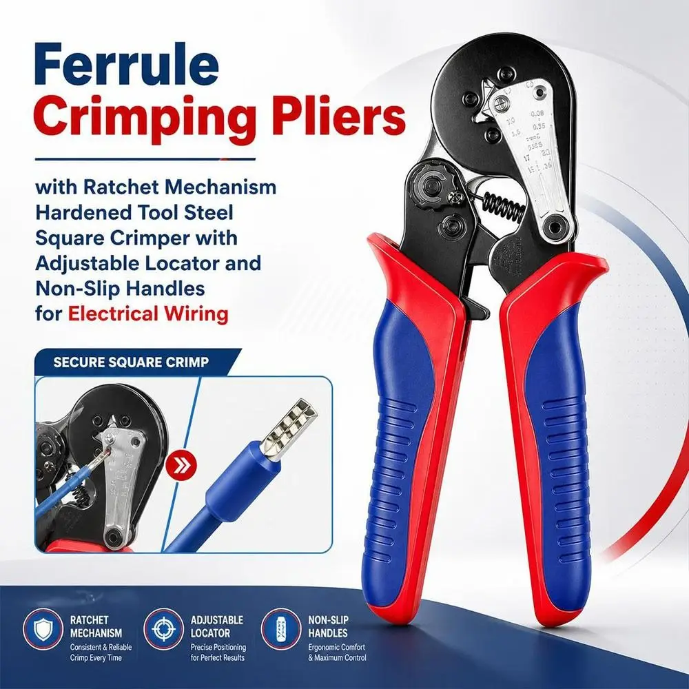 Square Crimp Profile Ferrule Crimping Pliers Adjustable Locator Ratchet Mechanism Terminal Crimping Pliers Labor-Saving