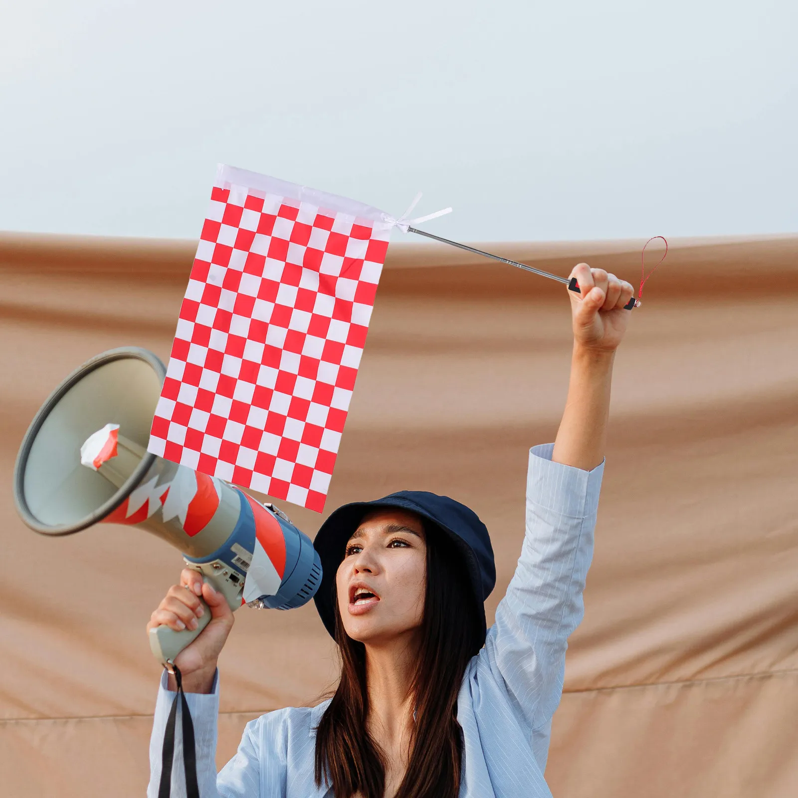 Red White Checkered Handheld Signal Flag 1M Stainless Steel Pole for Airport Crew Taxiing Aviation Events Racing Ground Safety