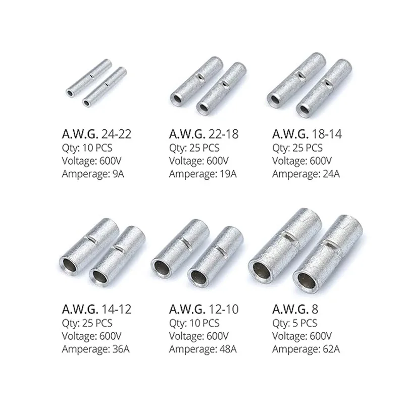 100pcs/200pcs Non Insulated Butt Connectors Kit - Butt Splice Connectors - Uninsulated Crimp Wire Connectors - 24-8 AWG | Uninsu