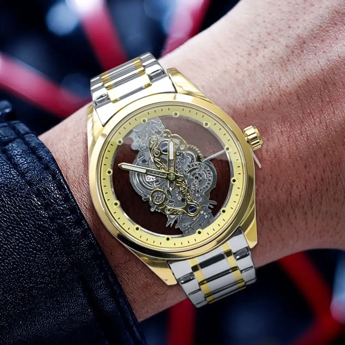 Top-Of-The-Line Luxury Business Automatic Men's Watch, Round Dial, Double-Sided Hollow Design, Stainless Steel Strap, High-End Fashion Casual Simple Stylish Luminous Waterproof Personalized Stylish Men's Watch