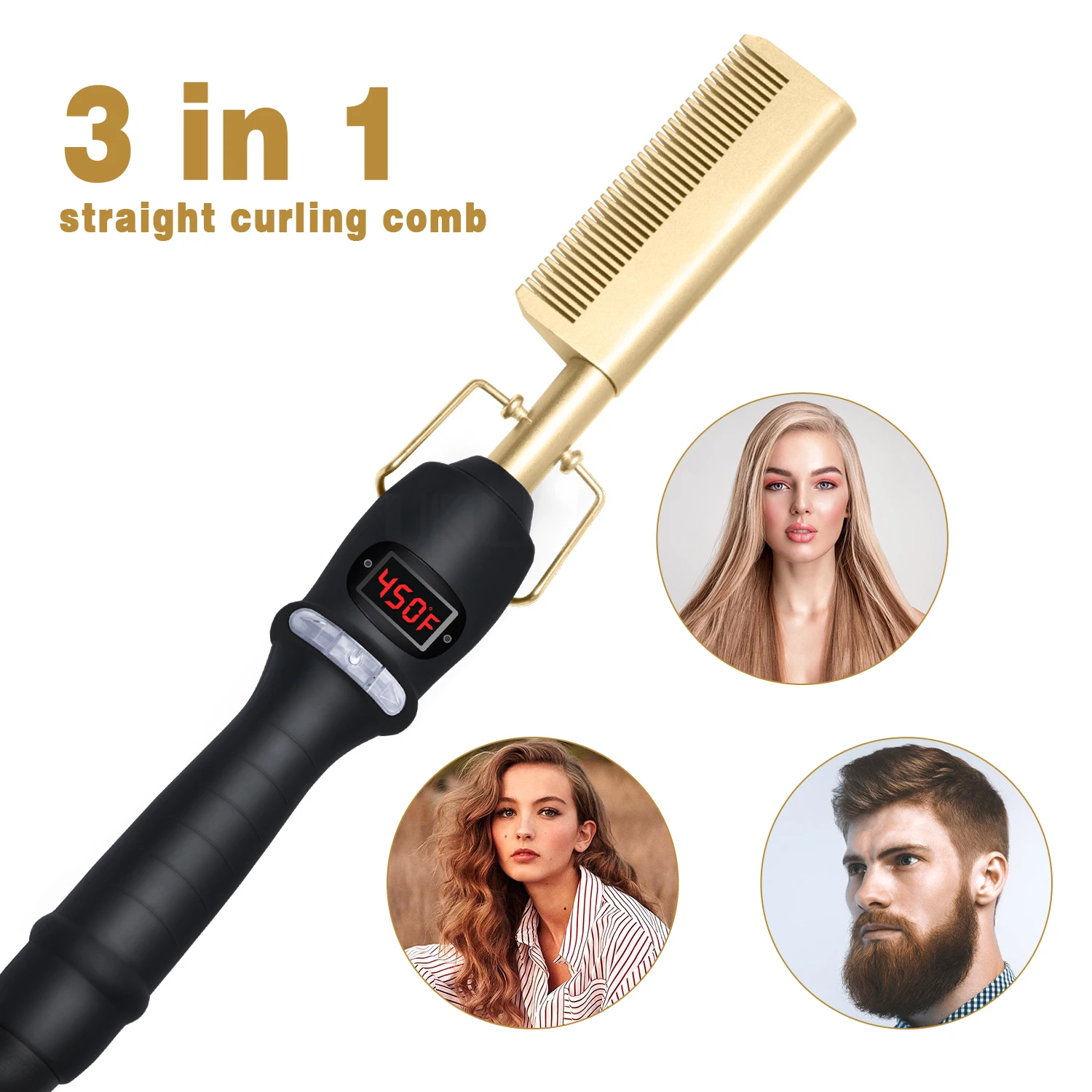 3 In1 Hot Comb Hair Straightener BLACKGOLD 044-1 Electric Heating Comb Fast Heating Portable Travel Anti-Scald Beard Straightener Press Comb