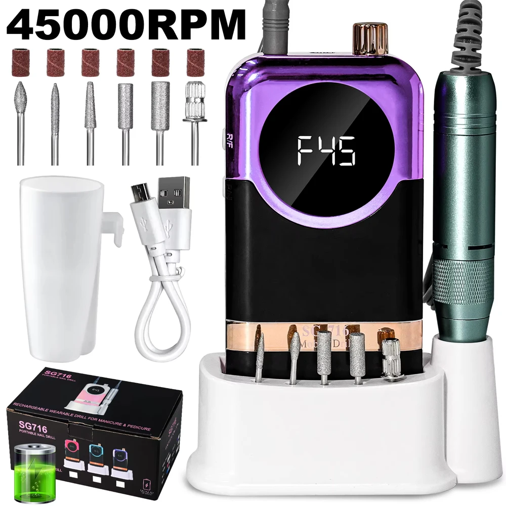 

45000RPM Electric Nail File Professional Nail Polishing Machine Rechargeable Low Noise Nail Sander File For Manicure Salon