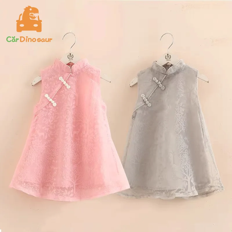 

2026 Hot Summer 2 3 4-12 Years Chinese Ethnic Vintage Style Mandarin Collar Vintage Sundress Kids Baby Dress Girl Lace Cheongsam