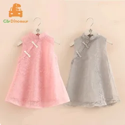 2026 Hot Summer 2 3 4-12 Years Chinese Ethnic Vintage Style Mandarin Collar Vintage Sundress Kids Baby Dress Girl Lace Cheongsam
