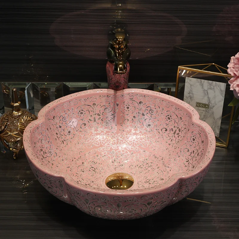 Jingdezhen Porcelain Pink Silver Aladdin Art Ceramic Bathroom Sink