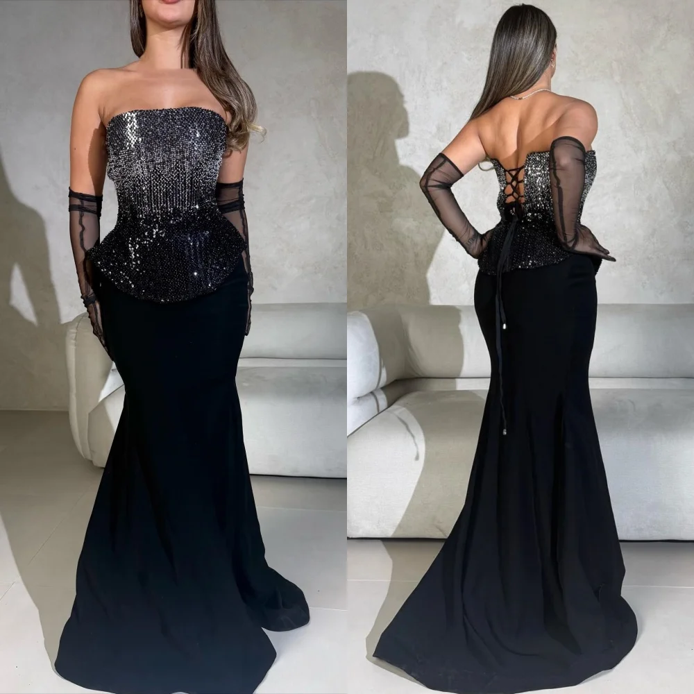 

Customized Modern Style Fashion Jersey Rhinestone Beading Mermaid Strapless Long Dresses Bespoke Occasion Dresses High Quality