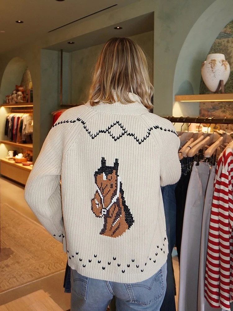 Vintage Western Pferdemuster Strickjacke für Damen Boho Langarm Offene Vorderseite Grober Pullover Retro Reitsport Strickoberbekleidung – Detail 4