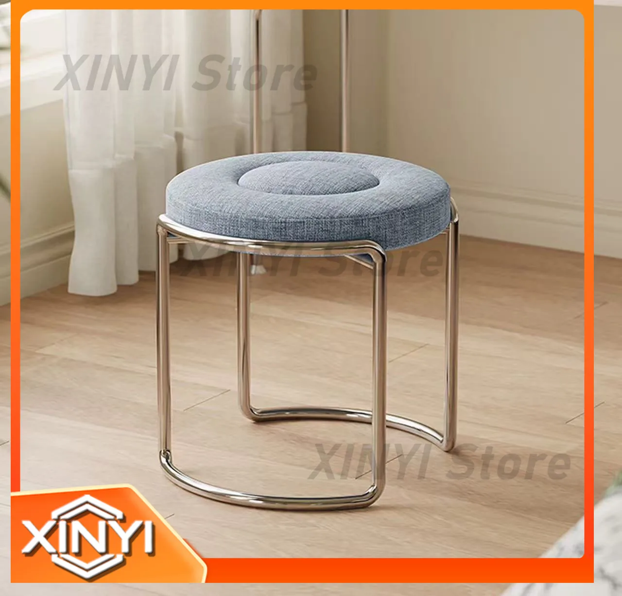 Luxury Round Ottoman Makeup Bench Chair for Home Bedroom Furniture Stainless Steel Retro Stool for Furniture