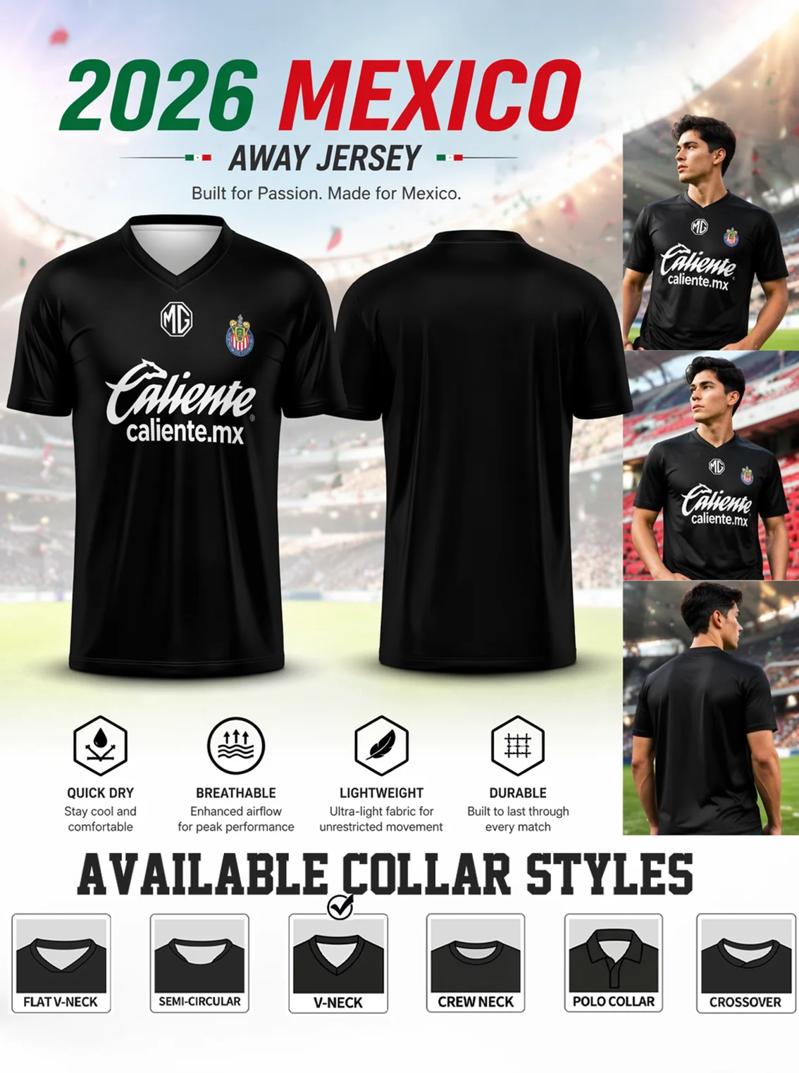 Men's black Mexico Chivas football shirt, team badge, lightweight breathable material