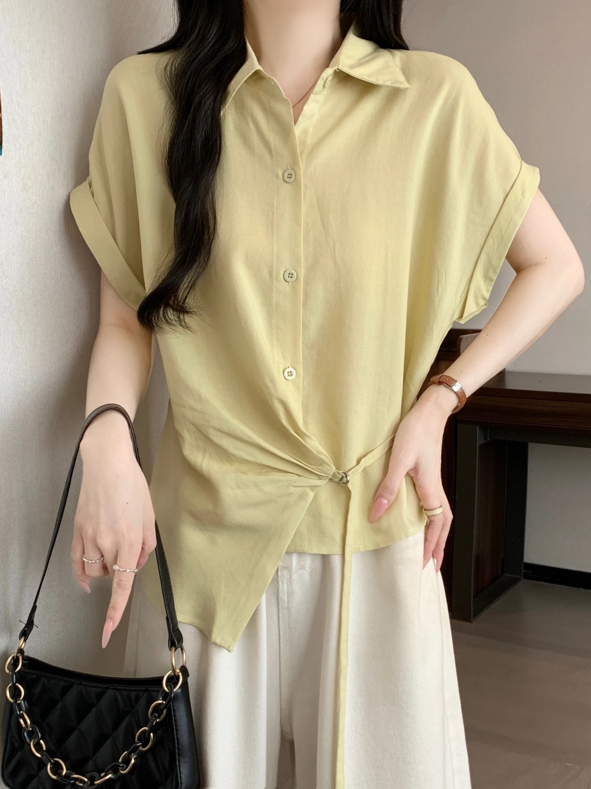 

Slimming Design Neck Short Sleeve Shirt Women Summer 2026 plus Size Fat MM Waist Cinched Belted Base Layer Top