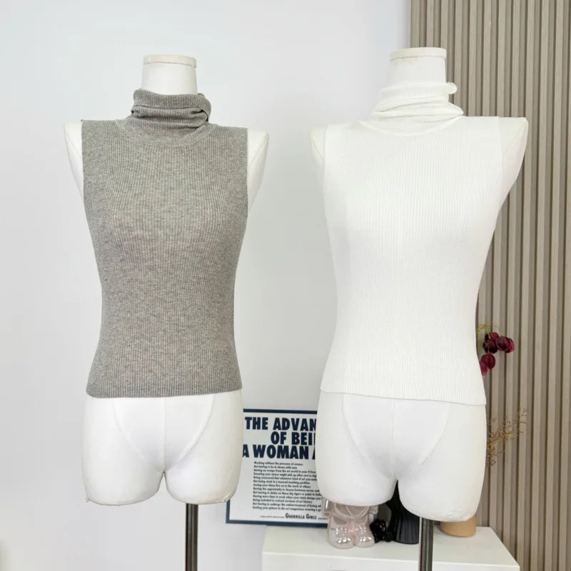 

Сексуальные летние топы на бретелях с высоким воротником, женские однотонные тонкие свитера без рукавов в рубчик, женский жилет без рукавов, повседневные вязаные майки