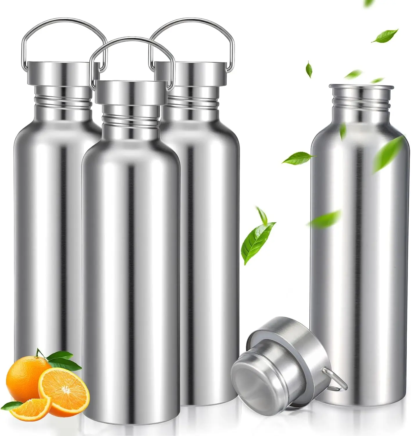 

4 Pack 35oz Stainless Steel Water Bottles with Handle - Silver, Reusable Single Wall for Sports & Outdoors