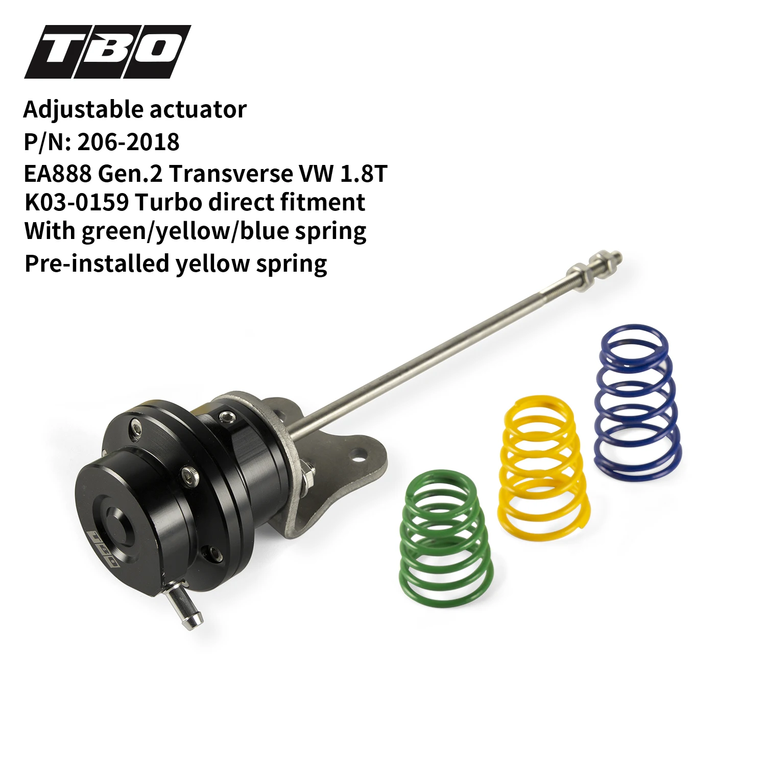 

TBO Turbo Adjustable Actuator for EA888 Gen.2 Transverse VW 1.8TK03-0159 Turbo direct fitment With Green/Yellow/Blue Spring