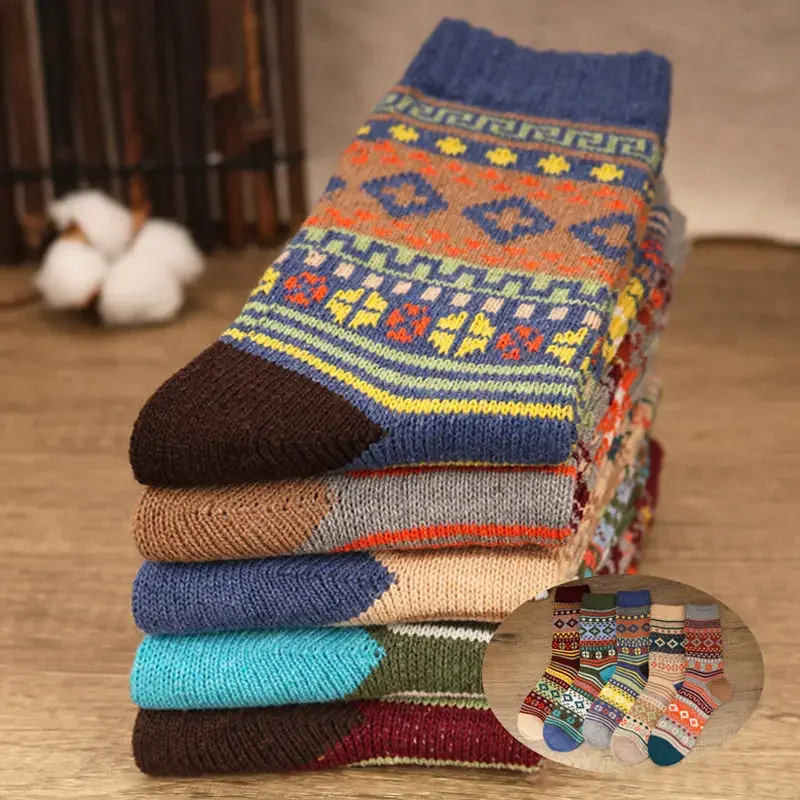 5 Pairs Winter Men's Socks Thicken Warm Sheep's Wool Socks Harajuku Retro Style Colorful Fashion Cotton Socks For Snow boots