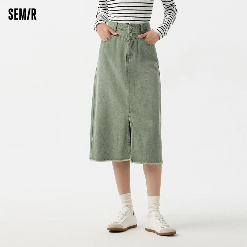 Semir Denim Skirt Women High-waisted Slit 2024 New Spring Straight Skirt