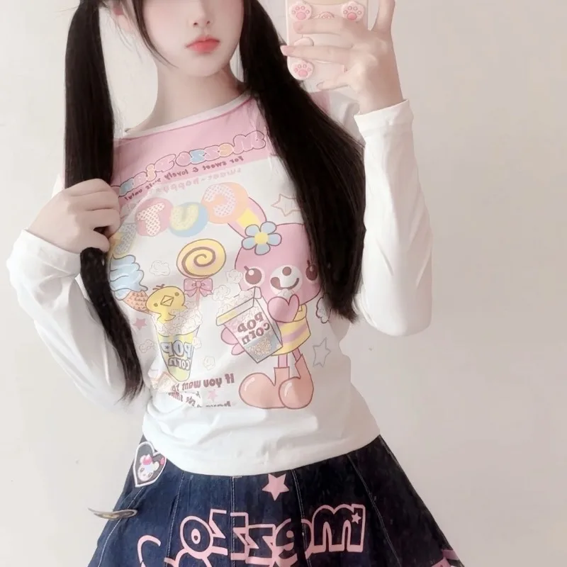 Sweet Kawaii Cartoon Bunny Print Tops Women Harajuku Cute Slim T-shirts Y2k Aesthetic Japanese Fairy Grunge Long Sleve Tee Shirt