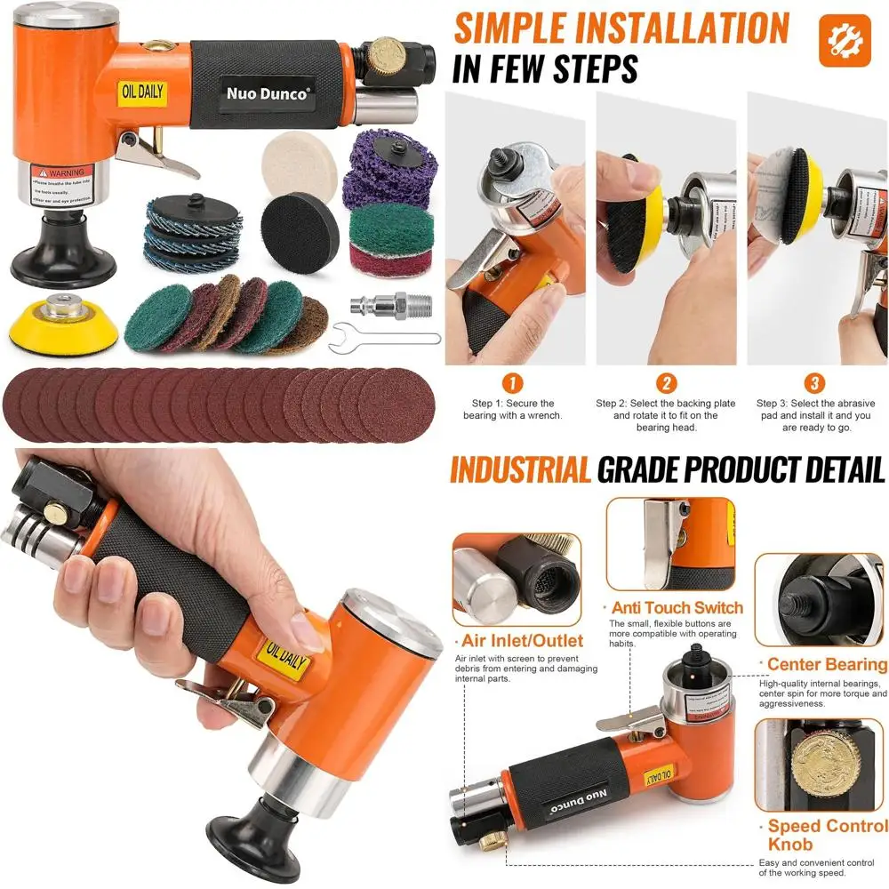 2 Inch Pneumatic Mini Orbital Sander Kit 2-in-1 Air Right Angle Grinder Polisher Kit Surface Prep Tool with 40 Pcs Quick Change