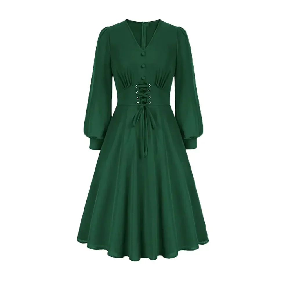 V-Neck Button Front High Waist Long Bishop Sleeve Women Elegant Autumn Clothes Green Solid Vintage Ladies Swing Dresses