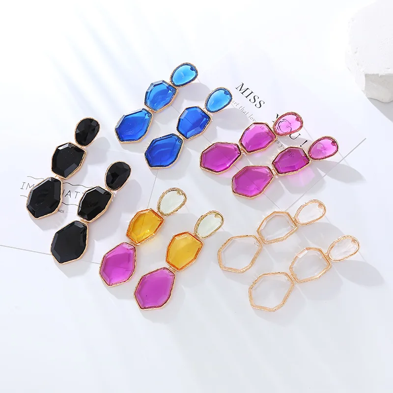 New fashionable and trendy alloy transparent resin earrings, long multi-layer irregular geometric earrings