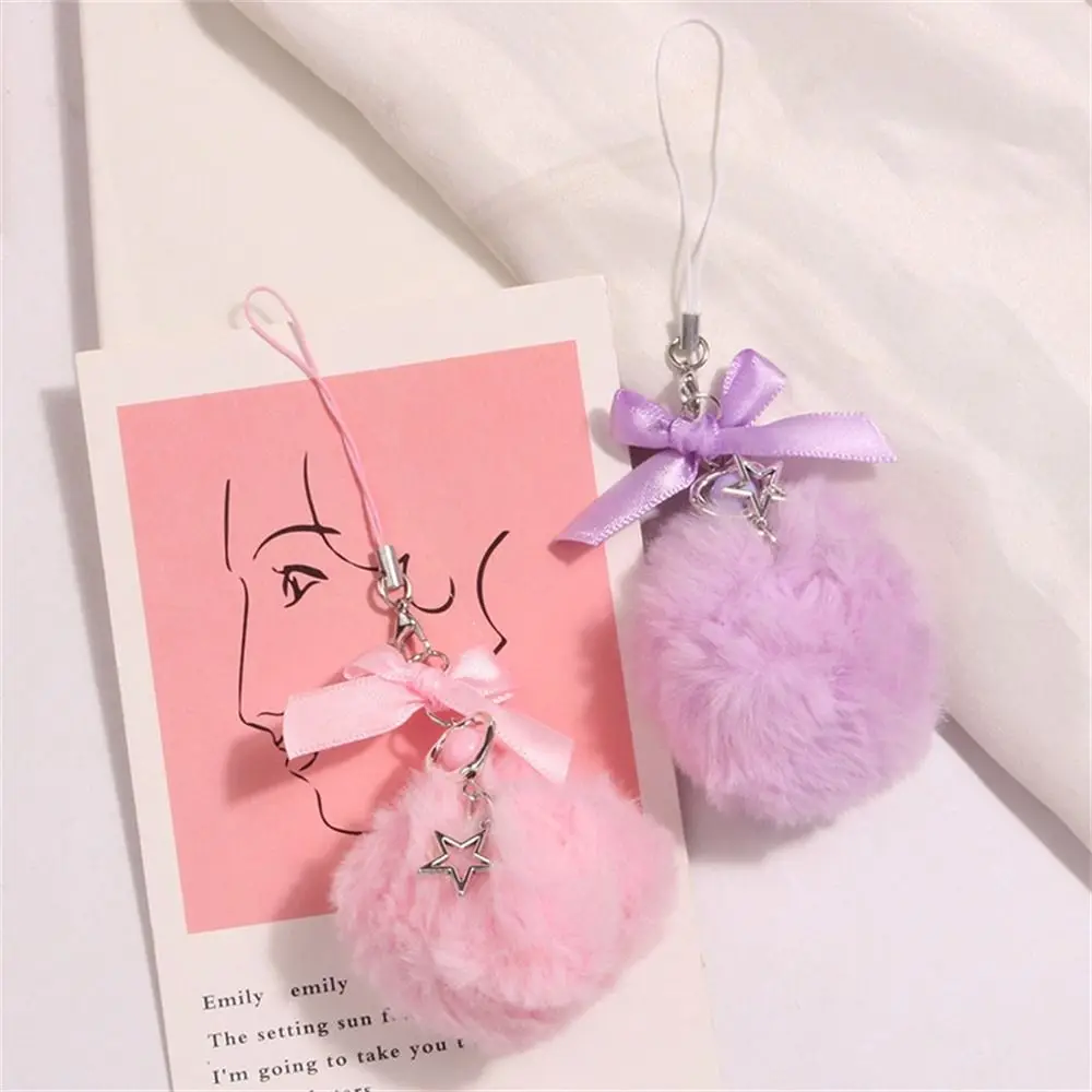 Ribbon Bow Mobile Phone Lanyard Bag Pendant Key Holder Hairball Pendant Hanging Cord Soft Cute Pompom Keychains Women Girls