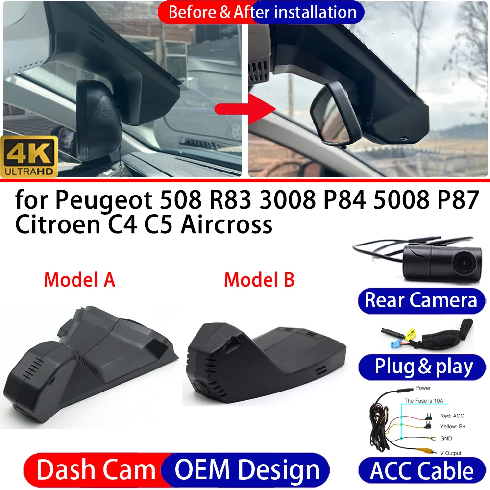 Dash Cam for Peugeot 508 R83 3008 P84 5008 P87 Citroen C4 C5 Aircross 4K DVR Dashboard Camera Video Recorder 24H Parking Mode