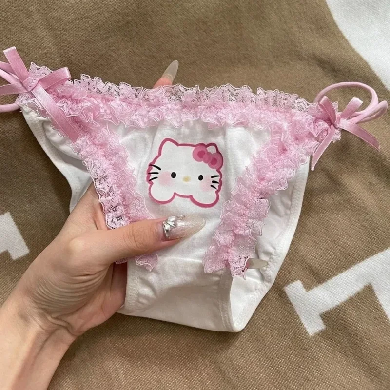 

Hello Kitty Cute Girls Sexy Briefs Panties Lace Cartoon Women's Underwear Low Waist Female Lingerie Pink Young Student String