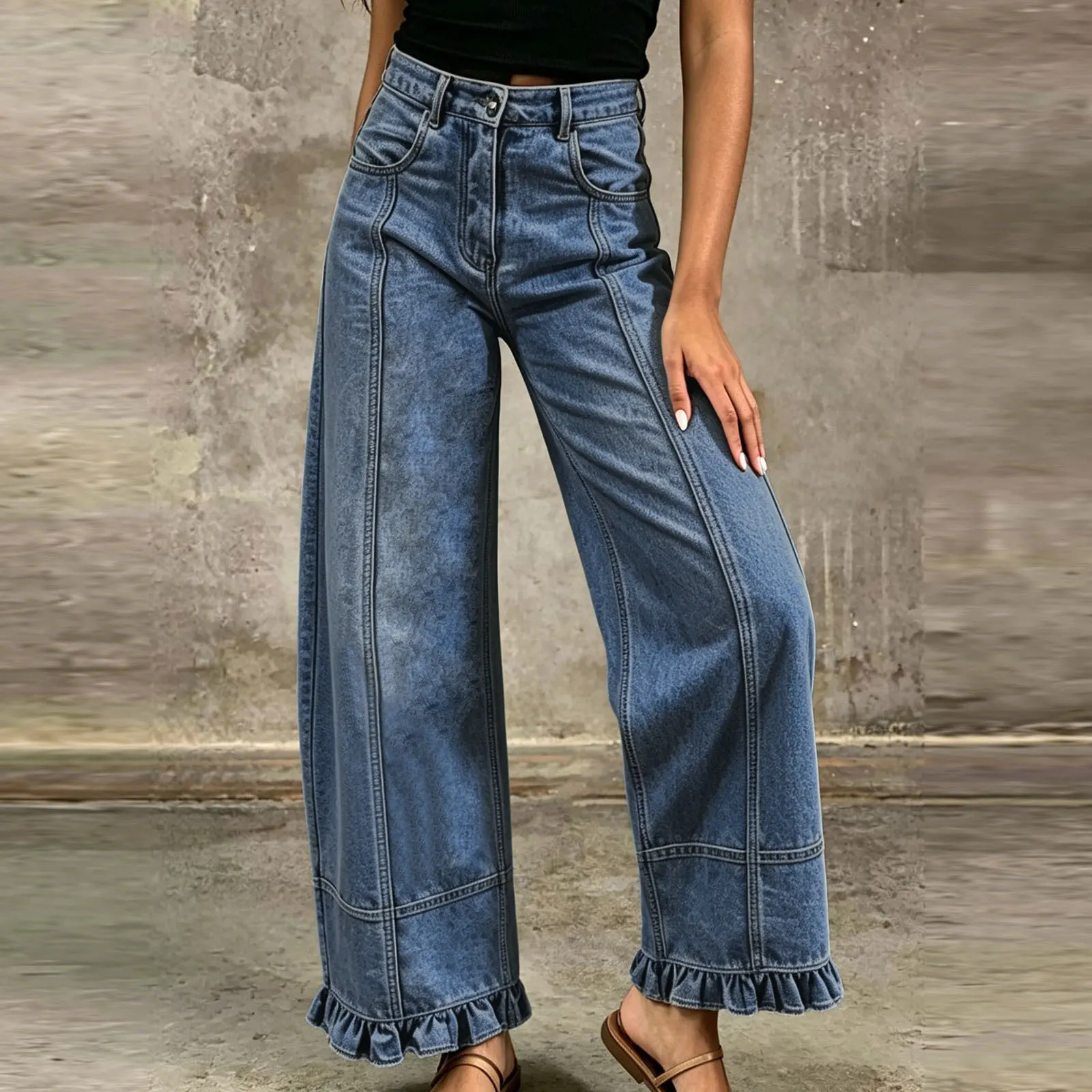 Women's Straight‑Leg Loose Jeans Ruffled Hem Design Casual Denim Pants for Ladies
