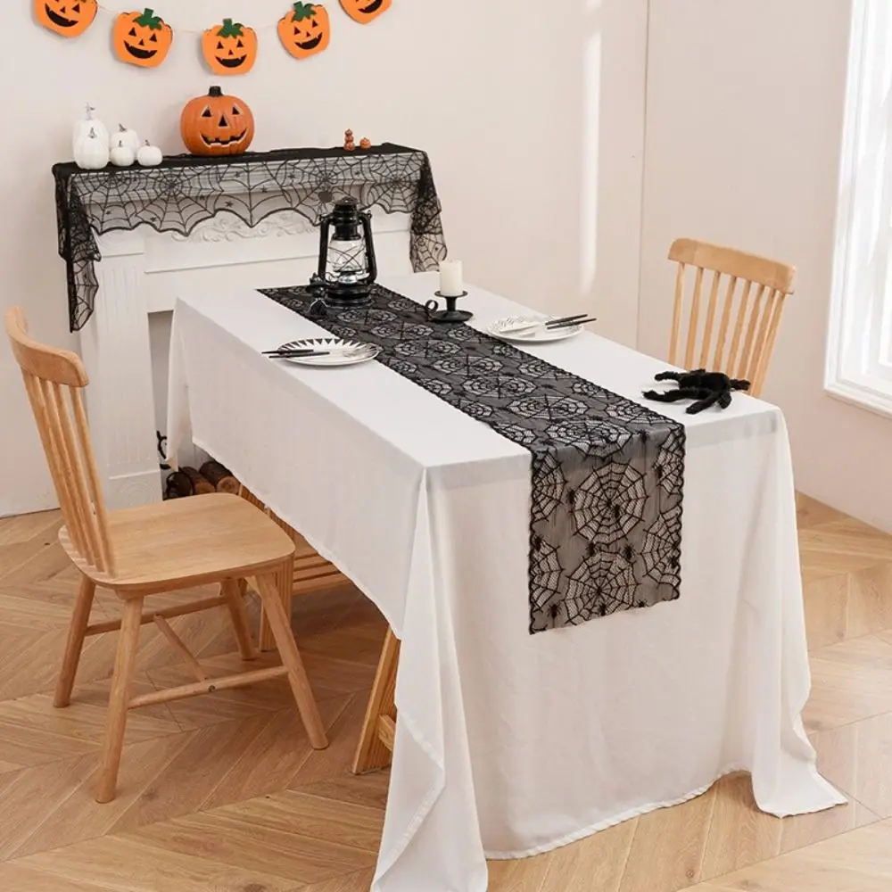 Black Color Halloween Runner Long Length Gothic Style Spider Web Runner Lace Material Cobweb Tablecloth Kitchen Dining