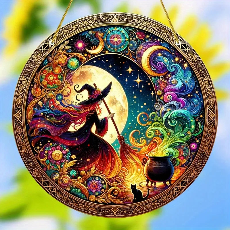 1pc Halloween Witch Stain Art Window Hanging Suncatcher Plaque Acrylic Round Wreath Decoration Indoor Outdoor Window Decora