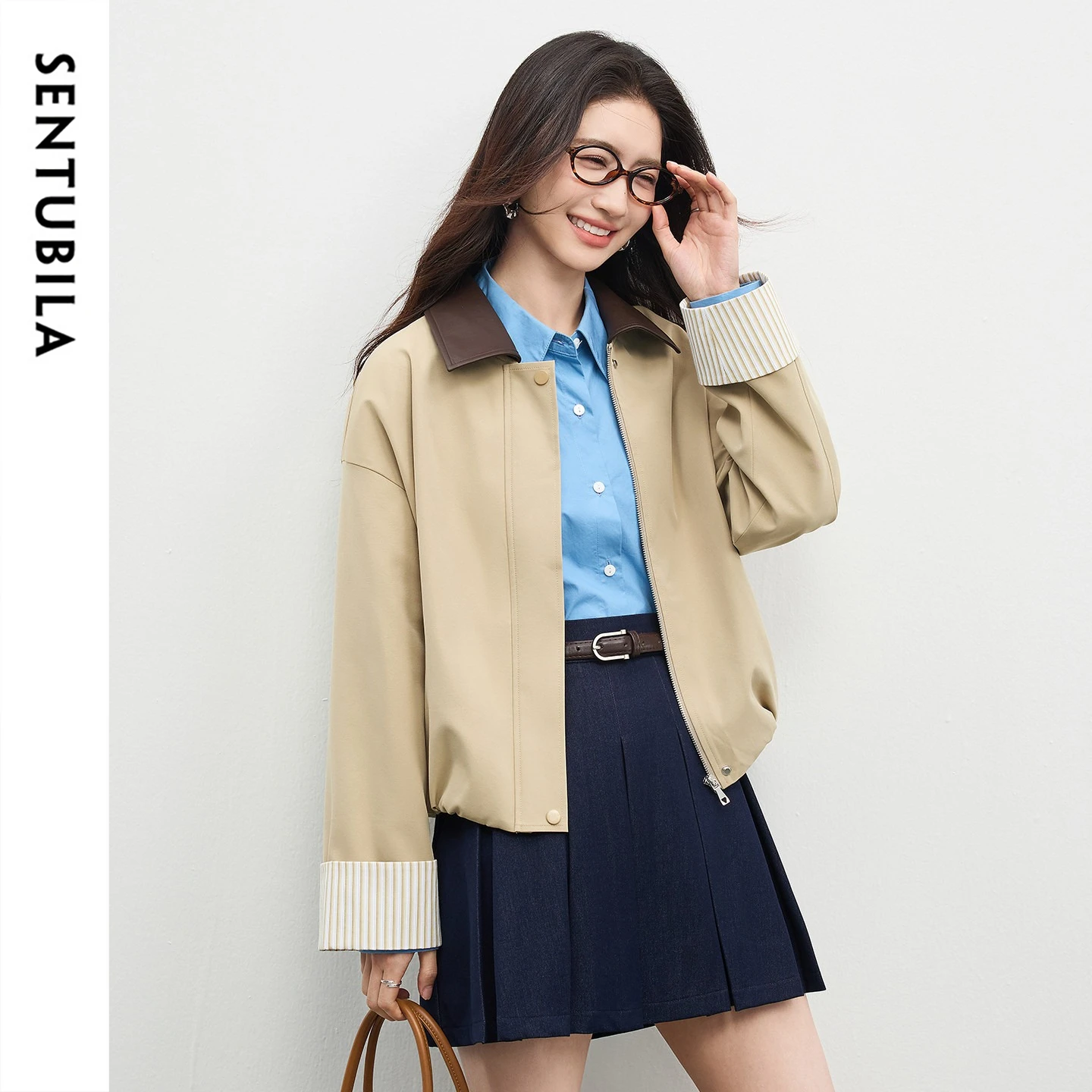 

SENTUBILA Women's Short Trench Jacket 2026 Spirng Barn Style Patchwork Pu Collar Outerwear Stripe Cuffs Woman Clothes 161WB5721