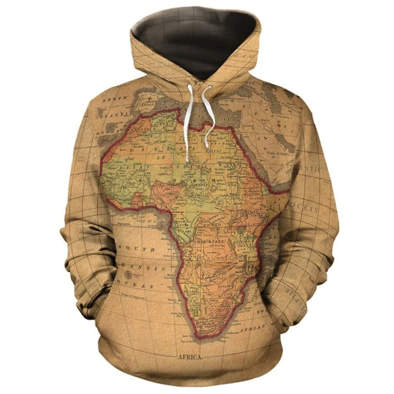 Afrika Continent 3D kaus bertudung motif Harajuku 2024 lengan panjang pria Streetwear kasual ukuran besar Afrika mantel pakaian