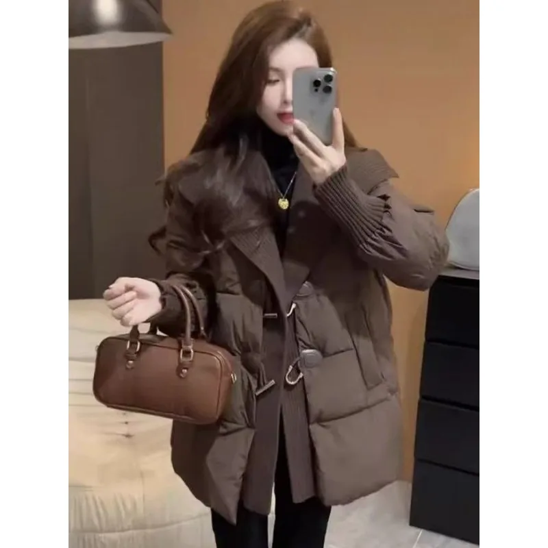 

Autumn Winter New Loose Slimming Thickened Down Cotton-padded Jacket Mid-length Large-sized Knitted Lapel Cotton-padded Jacket