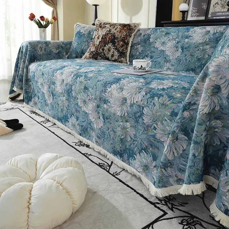 American Floral Print Sofa Cover with Tassels Soft Full Cover Sofa Cushion for Four Seasons High Quality Anti-Wear Couch Covers