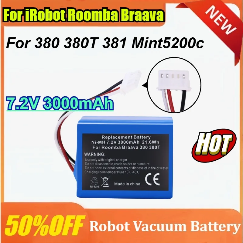 

7.2V 3000mAh NI-MH Battery for iRobot Roomba Braava 380 380T Mint 5200c Robot Vacuum Cleaner Battery