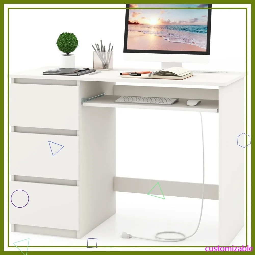 

Белый офисный стол с 3-мя ящиками, встроенной зарядной станцией и подставкой для клавиатуры — универсальный учебный письменный стол для дома