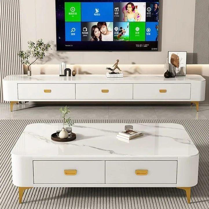 Household living room small apartment new modern solid wood rock slab light luxury Nordic advanced TV cabinet coffee table