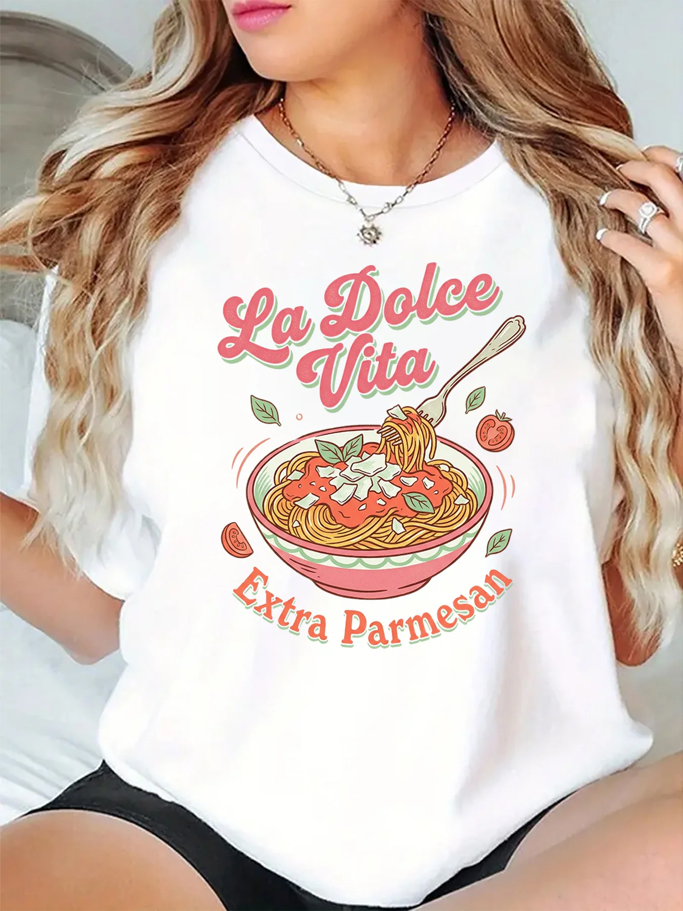 La Dolce Vita Extra Parmesan Italian Pasta Graphic Womens T Shirt Short Sleeve Crew Neck Retro Food Casual Daily Ladies Tee Tops
