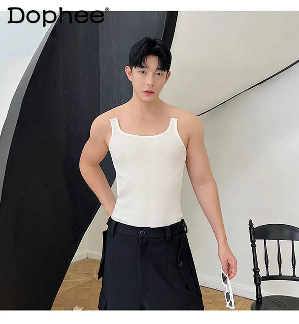 

Men's 2024 Summer New Tank Tops Round Neck Slimming Design Vest Handsome Male Fashion Camisole Invisible Shoulder Waistcoat Tops