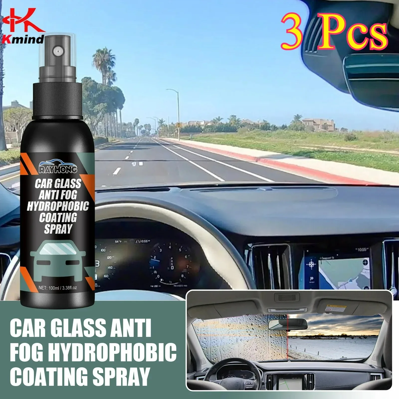 100ml Car Glass Anti Fog Hydrophobic Coating Spray, Anti Rain for Car Windshield & Mirror, Water Repellent Glass Treatment