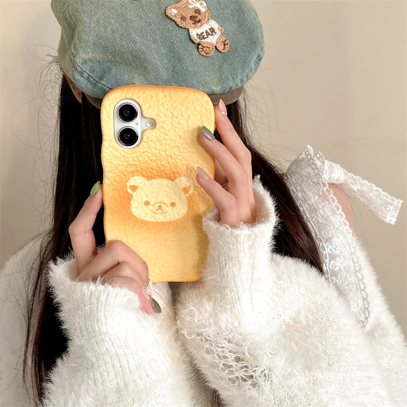 3D Cartoon Bread Rilakkuma Soft Silicone Phone Case for iPhone 16 promax 14 15 Plus 13 11 12 Pro Max Cute Wave Cake Bear Cover