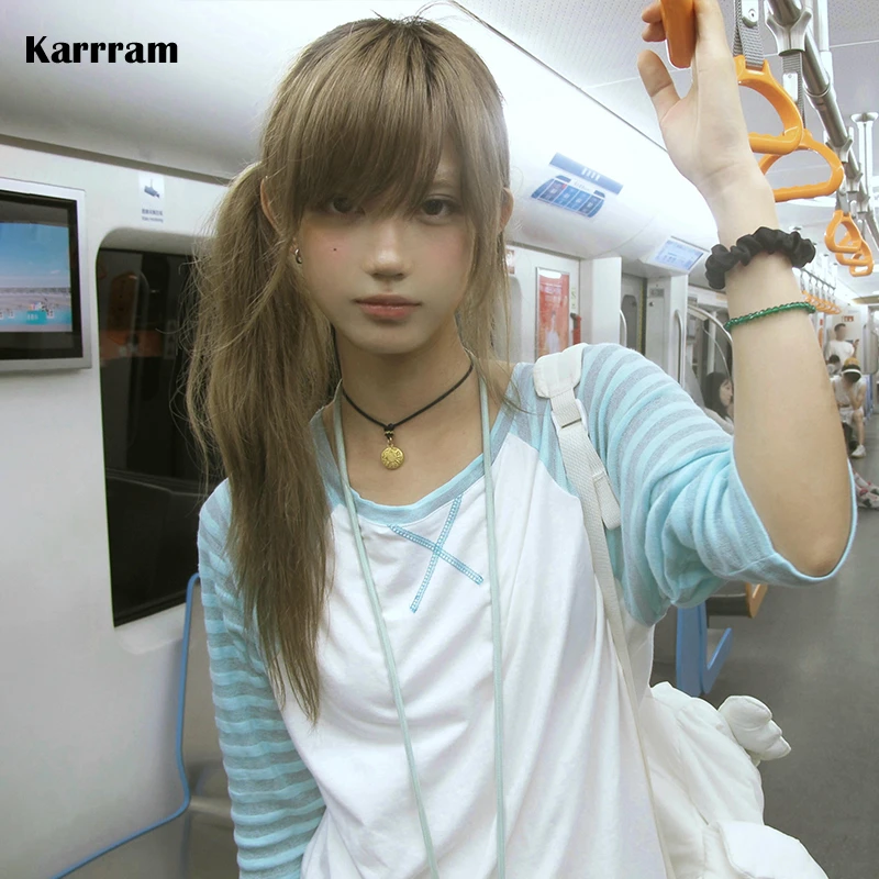 Karrram Japanese Y2k Three-quarter Sleeve T-shirt 2000s Style Patchwork Tops Vintage Harajuku Cutecore T Shirt American Retro