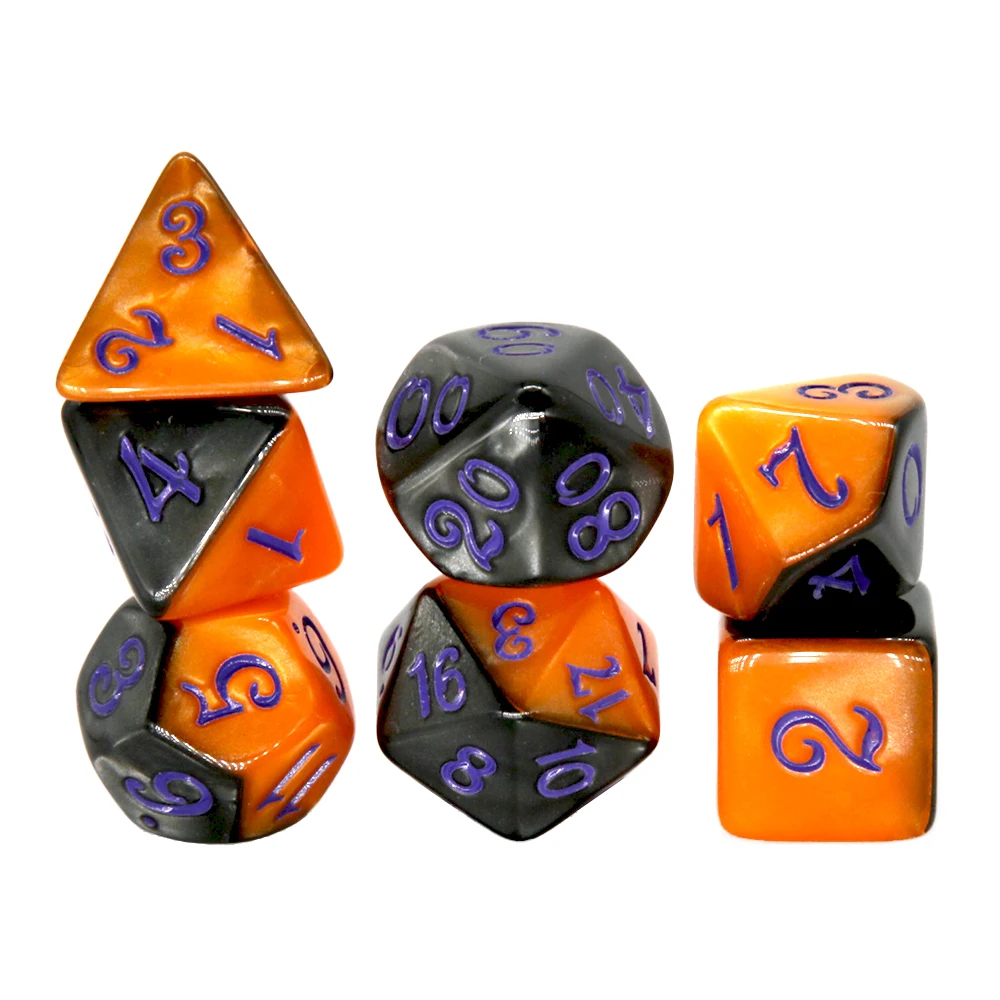Halloween Gemini Dice Set, 7Pcs Orange Black Two-Tone DND Dice with Purple Ink for Spooky TTRPG & Role Playing