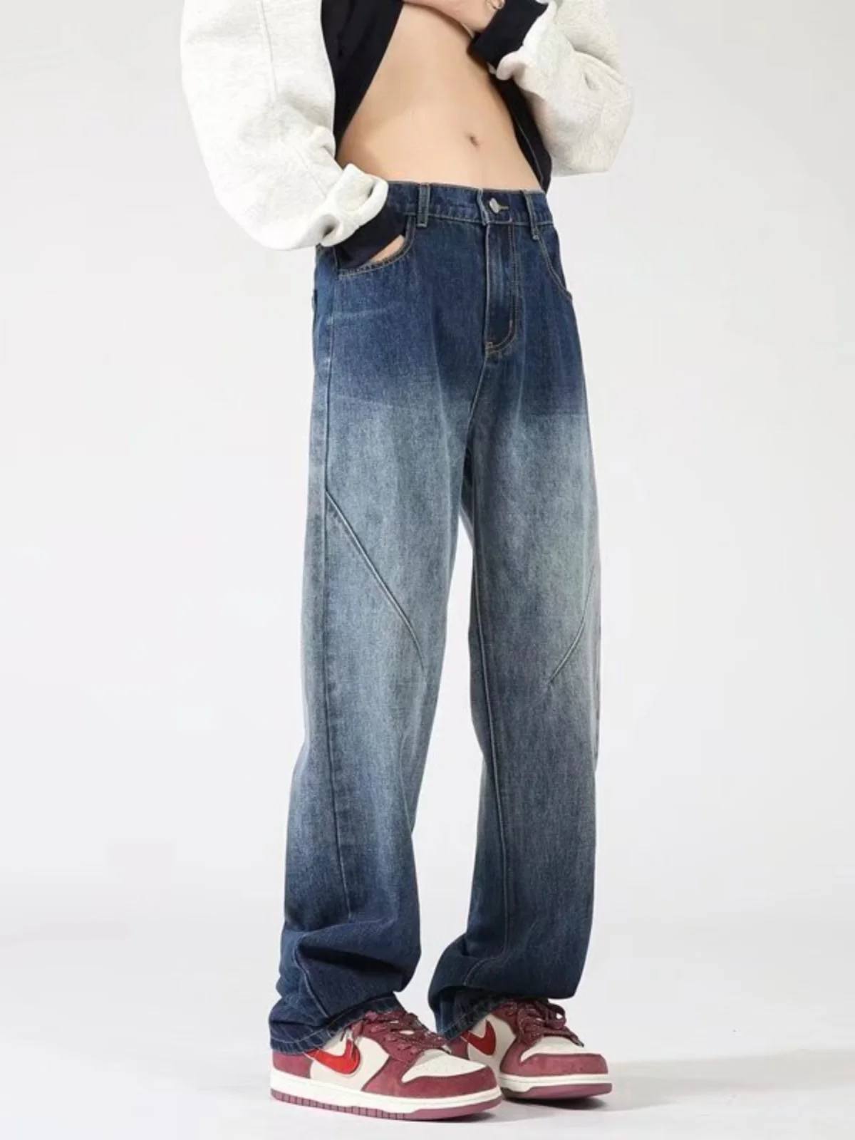 

Washed Denim Jeans Men's Spring Autumn Loose Straight Leg Long Pants American High Street Style Youth Trend Wear Resistant