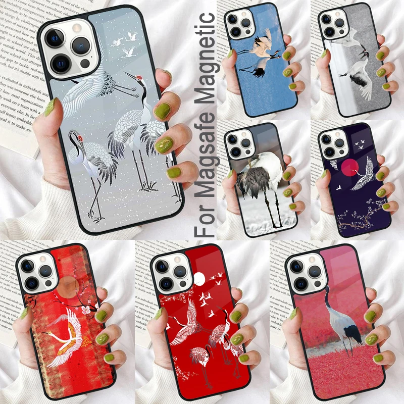 Red-crowned Crane Bird Magnetic Soft Phone Case for iPhone 16 Promax 15 Pro 13 14 Plus 11 12 Mini MagSafe Coque