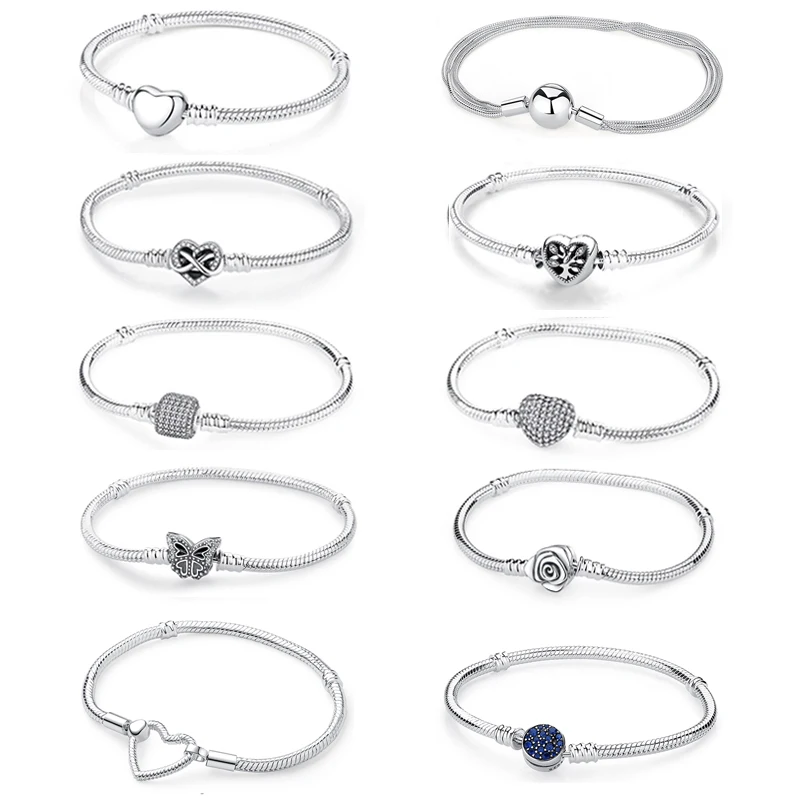 Braccialetti originali in argento sterling 925 Love Heart Moon Flower Butterfly Pave CZ Braccialetti per le donne Gioielli fai da te Regalo per feste