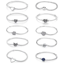 Original 925 Sterling Silver Bracelets Love Heart Moon Flower Butterfly Pave CZ Bracelets For Women DIY Jewelry Party Gift