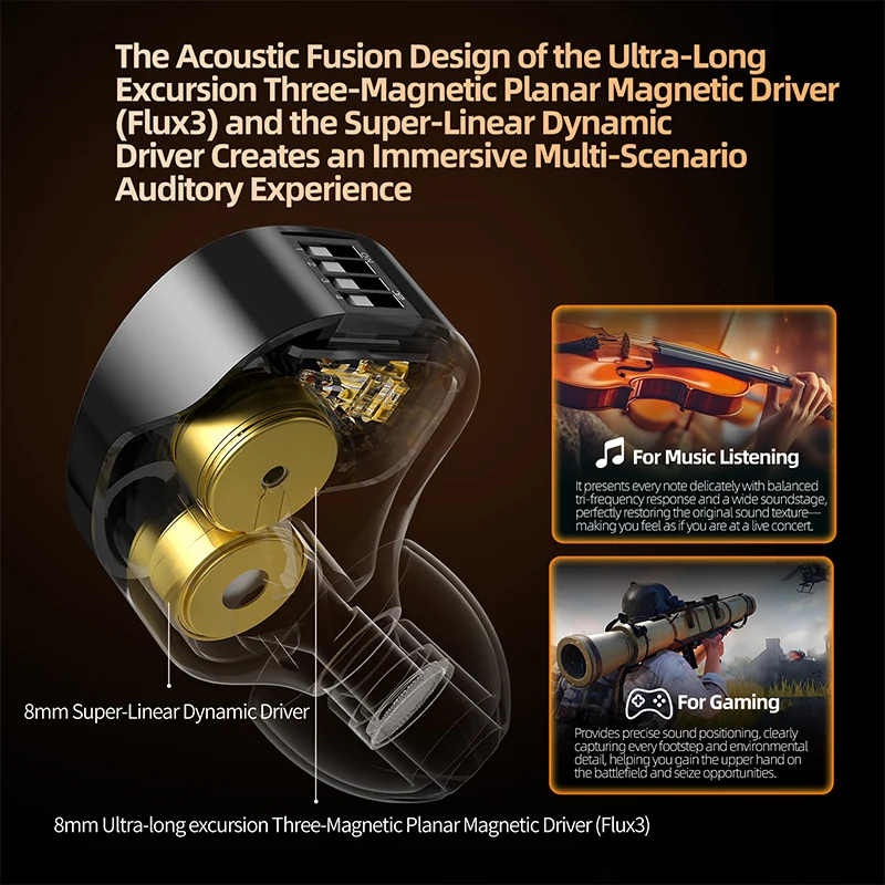 سماعات أذن HIFI مطورة للسائق المستوي ثلاثي المغناطيسي KZ Duonic، IEM سلكية واسعة لمرحلة الصوت مع 4 خيارات ضبط وميكروفون مزدوج عالي الدقة