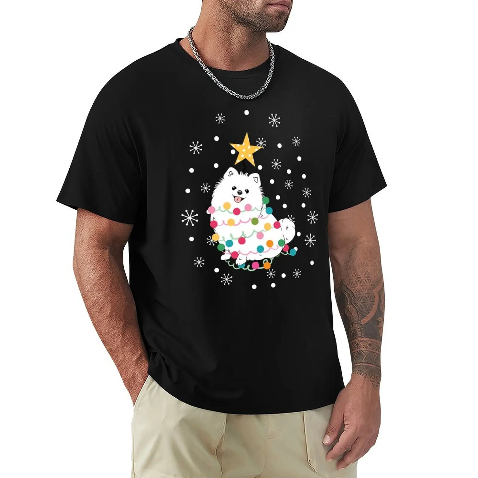 White Pomeranian Christmas Tree T-Shirt Casual Work Wear T-Shirt