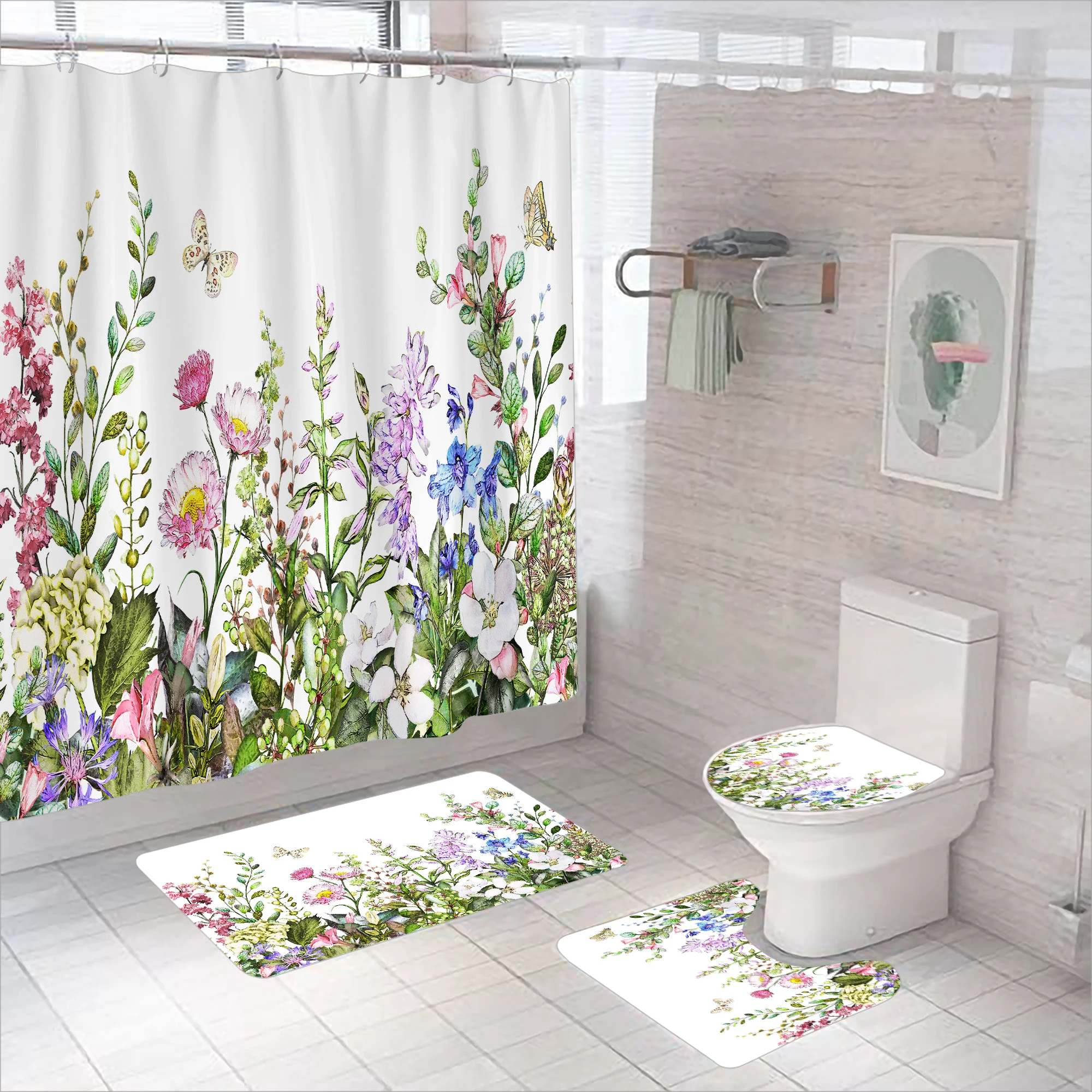 Please do not place order on this link, item will not be dispatched.Polyester Scenic Illustration Pattern Four-Piece Set Waterproof Stain Resistant Quick Dry Bathroom Curtains Absorbent Short Pile